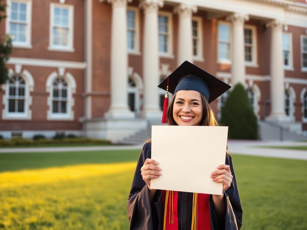 A smiling graduate holding a diploma outside a university building