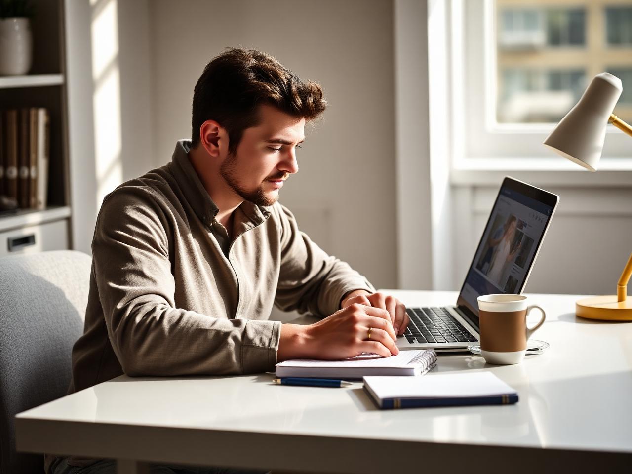 A learner studying an online video course at a bright desk