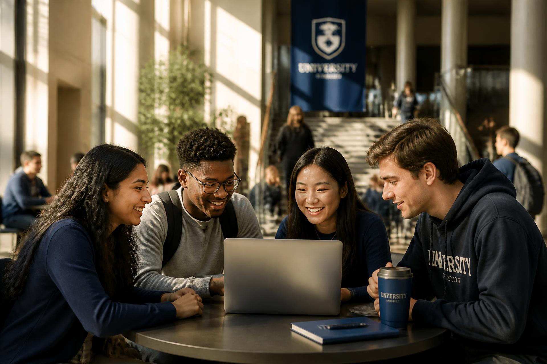 Diverse students collaborating around a laptop in a bright university atrium